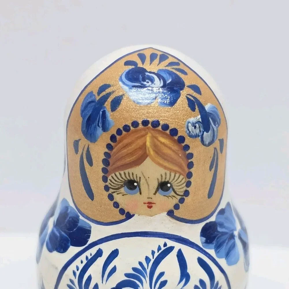 Vintage USSR Russian Matryoshka Nesting Dolls Signed 5 Pc 3.5” White Blue Gzhel